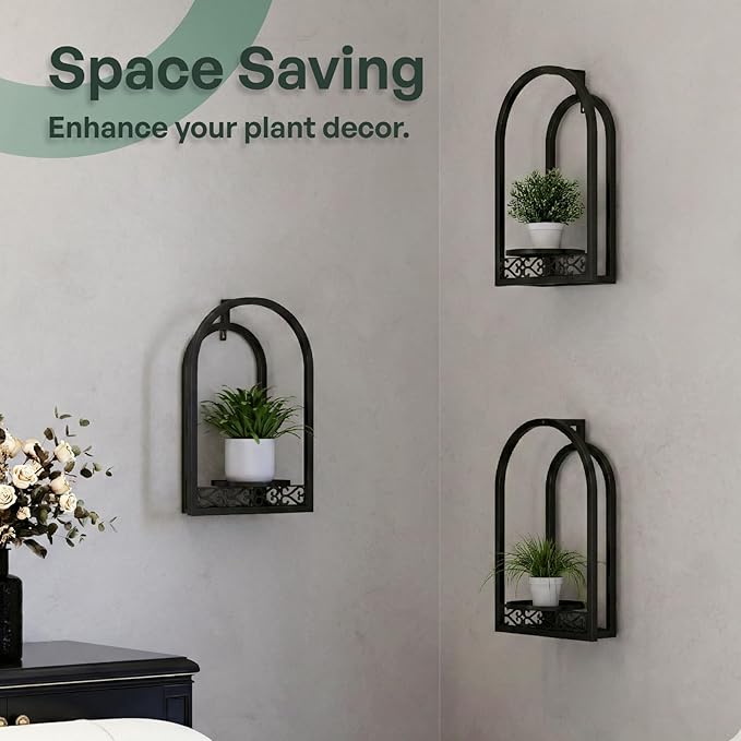 Hanging Planter for Indoor & Outdoor Plants, Mid Century Modern Iron Frame Wall Decor for Living Room Garden Patio 3 Pack Black（No Light）