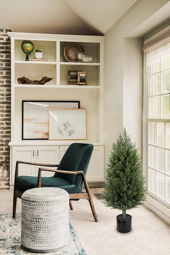 Hollyone Artificial Topiary Cedar Trees 3FT Tall Faux Cedar Cypress Plants Tree Fake Pine Shrubs Plant Potted for Outdoor Indoor Front Porch Home Living Room Decor, Set of 2