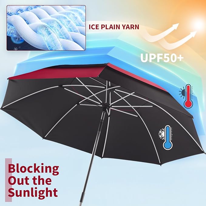 48.6" Double Canopy Beach Umbrella with Clamp, UPF50+ Beach Chair Umbrella with clip, 360°Adjustable Portable Outdoor Wheelchair, Patio, Golf Carts,Camping(Wine Red/Black)