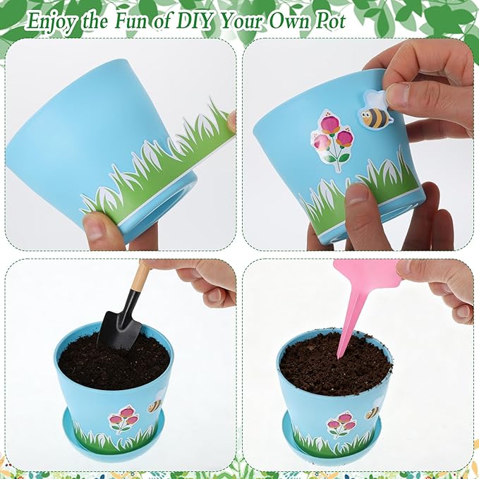 30 Pack Garden Paper Pot Craft Kit, Durable Resin Garden Pot with Tray Drainage Holes Adhesive Stickers Certificate of Award with Tag, Flower Plant Spring Craft for Classroom Home DIY Flower Planting