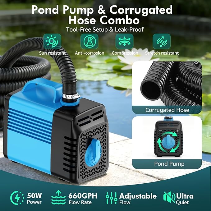 Pond Waterfall Spillway Kit, 12" Pond Waterfall Filter with 660GPH Waterfall Pump & Filter Cage, 10 Ft Corrugated Tubing for Outdoor Garden Ponds, Backyard Water Features