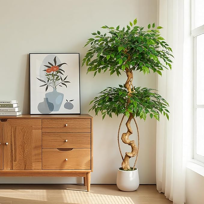5ft Large Ficus Artificial Trees in White Pot, 60" Tall Fake Silk Tree with Natural Curved Trunk, Lush Faux Ficus Tree for Indoor Home Decor, Living Room, Office & Patio