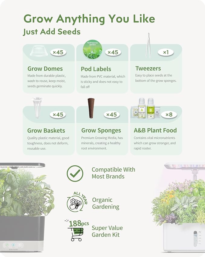 URUQ 188Pcs Hydroponic Pods Supplies: Grow Anything Kit with 45 Grow Sponges, 45 Grow Baskets, 45 Grow Domes, 45 Pod Labels, 8 A&B Plant Food - Compatible Hydroponics Growing System Most Brands