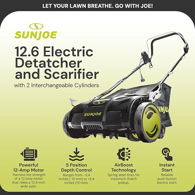 Sun Joe Corded Electric Dethatcher & Scarifier with 8-Gal Bag, 12.6-Inch Cutting Width, 12-Amp Motor - Heavy-Duty Yard Trimmer for Gardening Care and Lawn Maintenance, AJ801E