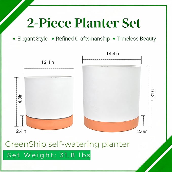 GreenShip Planter Set of 2 (13.8" & 11.8") – Cylinder Planters with Drainage Hole and Planter Saucer, Jun Porcelain Clay & Recycled Resin, Decorate Home,Office & Outdoor,White pots