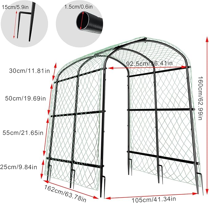 unho 63inch Metal Garden Trellis Arch for Climbing Plants - Polyethylene-Coated Anti-Rust, Heavy Duty, Wide Walk-Through Outdoor Arch with Net, for Cucumber Tomato Squash Zucchini Peas Grape Flowers