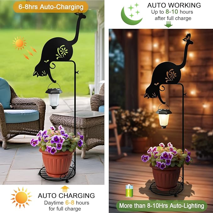 Solar Floor Lamp with Plant Stand Outdoor,Metal Black Cat Garden Decorations,Solar Lanterns Outdoor Front Porch Decor for Deck,Patio,Yard