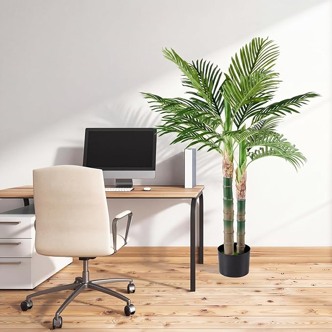 DUMOS 47in Artificial Palm Tree, Tall Faux Fake Plants Indoor with Black Planter Pot and Lifelike Leaves, Maintenance Free Artificial Silk Tree for Home, Office, House, Living Room, Porch Decor