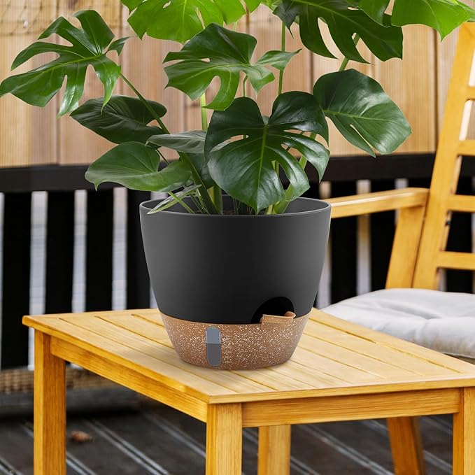 QRRICA Self-Watering Plant Pots with Water Level Indicator, Drainage Holes & Saucers – 12/10/9 Inch Large Plastic Planter Set for Indoor & Outdoor Plants(Black)