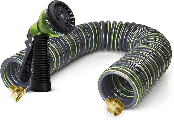 Coil Hose 25FT EVA Coil Garden Hose With 3/4'' Brass Connector Coiled Water Hose Lightweight And No Kink Includes 7 Patterns Spray Nozzle For Outdoors Lawn Watering Car Washing