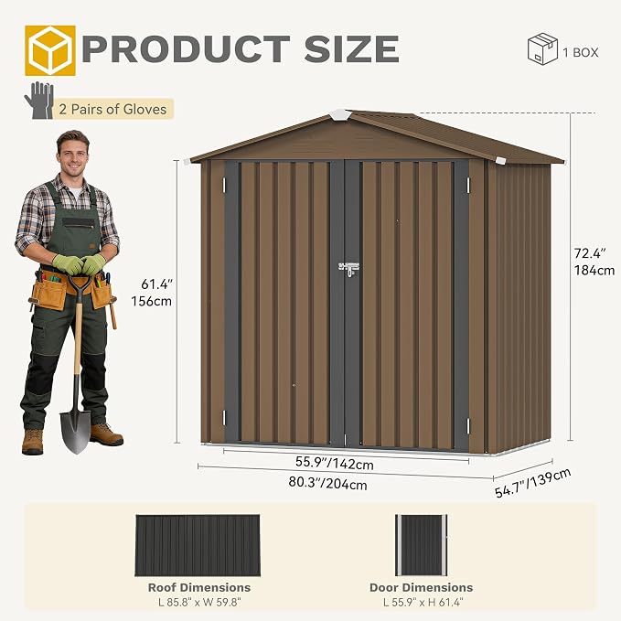 DWVO 6x4ft Outdoor Storage Shed, Lockable Metal Tool Storage Sheds, Waterproof Garden Sheds with Vents for Backyard, Patio, Garage, Lawn, Brown