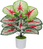 Artificial Caladium Plant with Red and Green Leaves, Red Leaf Artificial Plants Decoration Simulated Bonsai Potted Decor Home Room Party Wedding Office Floor (White(No Flowerpot), 60cm)