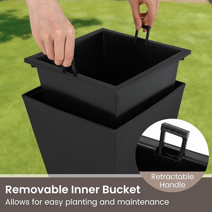 Giantex Square Taper Planter Set of 2, 10"x10"x14" Self-Watering Flower Pots with/Removable Inner Bucket & Drainage Holes, Indoor Outdoor Decorative Plant Container for Porch Balcony, Black