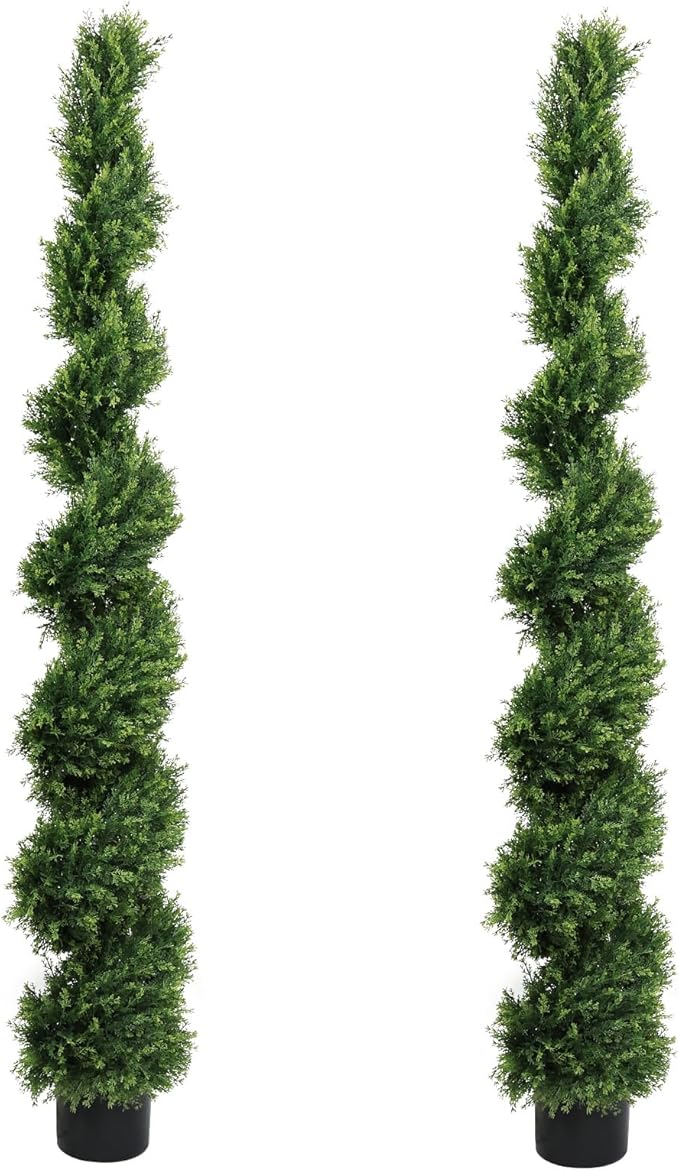 THE BLOOM TIMES 6ft Spiral Artificial Topiary Trees Set of 2, 71 inch Faux Cedar Trees for Outdoor Planters - Fake Twist Cypress Plants for Garden Front Porch Indoor Outside Decor 6 Foot