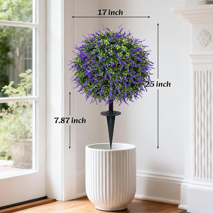 Bdor 25" Artificial Lavender Topiary Ball Trees with Ground Stake, Faux Potted Plants Purple Lavender Set of 2, Outdoor Fake Flower Bushes, UV Resistant for Home Lawn and Front Porch Garden Decor