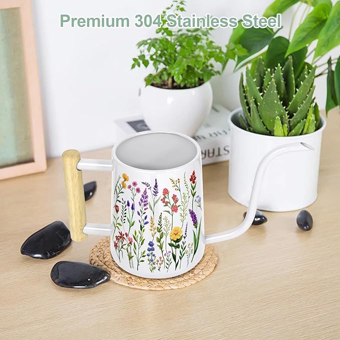 Watering Can Indoor Plants, 35 oz/1000 ml Metal Stainless Steel Watering Can Pot with Long Spout for Indoor House Plants Bonsai Outdoor Garden Flower Decorative White Flowers