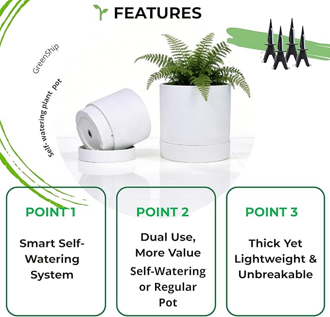 GreenShip Planter Set of 2 (15.7" &13.7") – Cylinder Planters with Drainage Hole and Planter Saucer, Jun Porcelain Clay & Recycled Resin, Decorate Home,Office & Outdoor,White pots