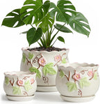 Ceramic Plant Pots with Drainage Holes and Saucers, Round Flower Pots for Indoor Plant, 4/5.2/6.6 Inches Vintage Flower Planters Set of 3