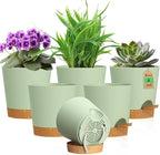 4 inch Self Watering Pots for Indoor Outdoor Plants, 6 Pack Plastic Flower Planters with Drainage Holes and Removable Saucers, Plant Pots with Wicking Rope, Modern Decor, Green Brown