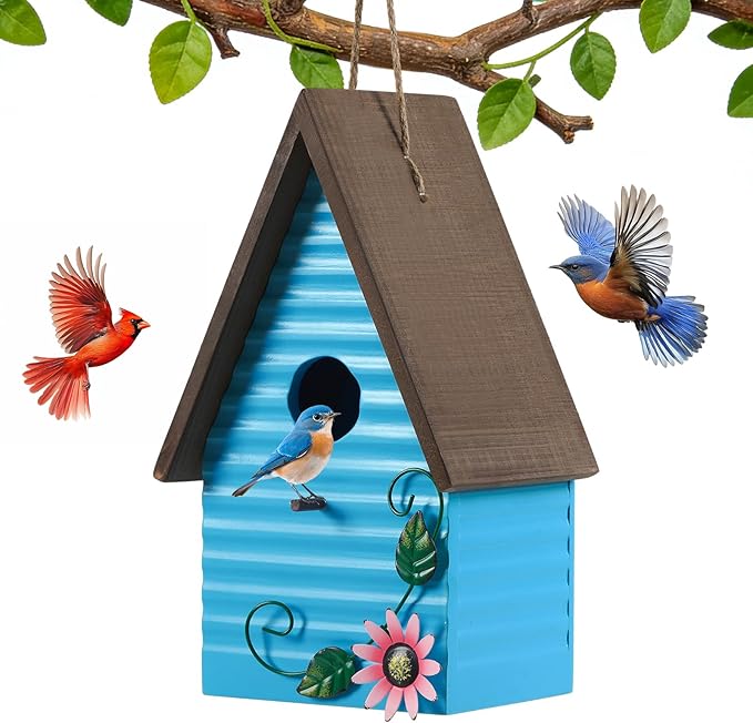 Bird Houses for Outside,Blue Bird Houses for Outdoors,Hanging Birdhouses for Outdoor,Wooden Bluebird Houses for Outside,Country Style Hummingbird Nest Box,Yard Decorative Gift for Bird Lovers
