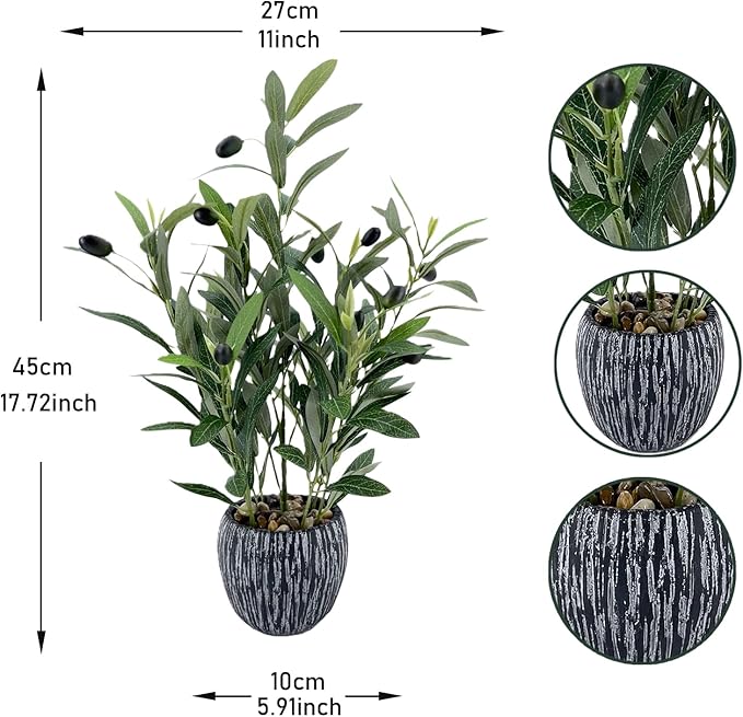Olive Branches Artificial Plants Décor Indoor 17.72'' Tall Fake Olive Branch with Rustic Black Cement Planter for Vintage Room Bathroom Bedroom Kitchen Office Dese Coffee Table Décor