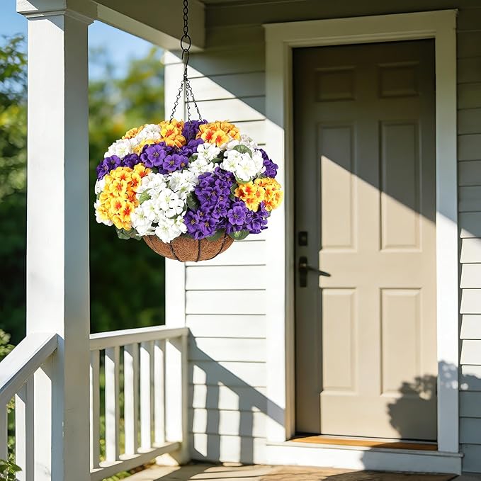 6 Bundles Artificial Geranium Flowers for Outdoors Spring Decor Geraniums Silk Flowers UV Resistant Lifelike Faux Flowers for Outdoor Garden Patio Porch Balcony Home Decor(Purple 2,White 2,Yellow2)