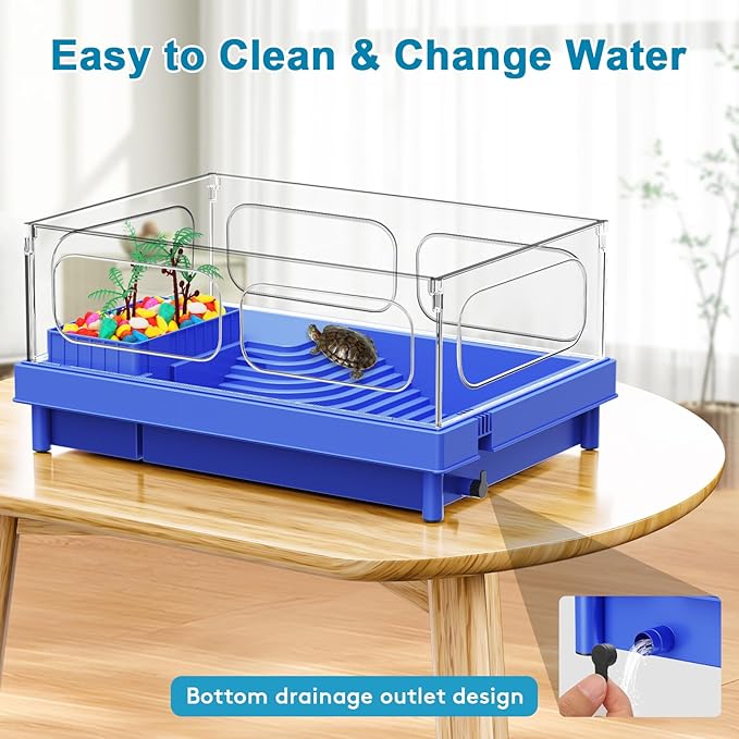 Turtle Tank Kit with Light & Filter, 10 Gallon Aquarium, Easy to Install & Clean, Basking, Feeding & Swimming Areas for Small Turtles