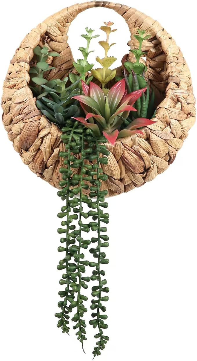 Fake Plants Hanging Artificial Succulents Plants in Woven Basket, Faux String of Pearls Greenery Plants for Living Room Bathroom Boho Wall Decor