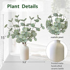 15" Artificial Eucalyptus Stems Potted Plant - Realistic Small Fake Desk Plants for Office Home Decor, Faux Plants in Frosted Ceramic Vase for Indoor Spaces, Wedding Centerpieces Table Decor（4pcs leaf