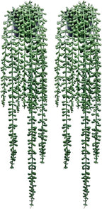 Artificial Hanging Plants for Shelf, 2-Pack Fake Potted Greenery Faux String of Pearls in Black Pot, Décor for Office Living Room Bathroom Indoor Outdoor