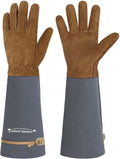 HANDLANDY Long Gardening Gloves for Men & Women, Pigskin Leather Rose Pruning Gloves, Breathable Thorn Proof Gauntlet Glove (Steel Gray, L)