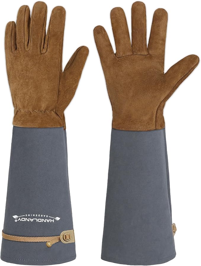 HANDLANDY Long Gardening Gloves for Men & Women, Pigskin Leather Rose Pruning Gloves, Breathable Thorn Proof Gauntlet Glove (Steel Gray, S)