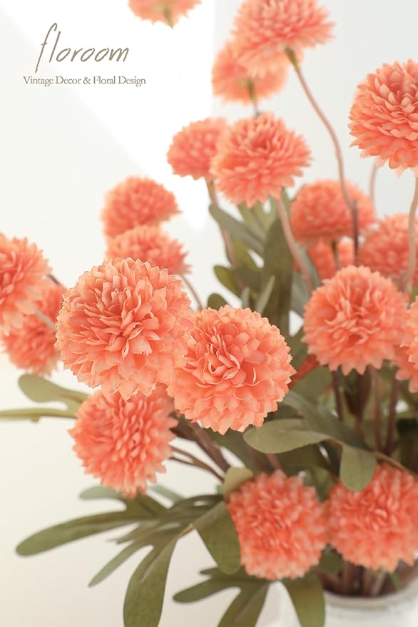 Floroom 5pcs Coral Pink Faux Silk Mums Artificial Flowers, Bulk Fake Small Mini Chrysanthemums with Stems for DIY Wedding Centerpieces Floral Arrangements Vase Fillers Home Decorations