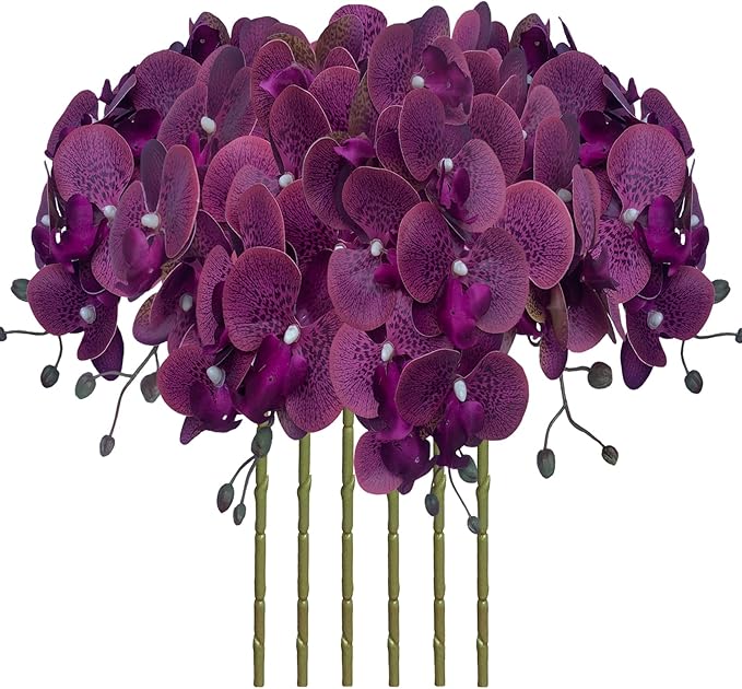 FagusHome 32 Inch Artificial Phalaenopsis Flowers 6 Pcs Artificial Orchid Flowers Stem Plants for Home Décor (Purple Piebald), FH1000143
