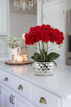 Briful Red Orchid Artificial Flowers 18" Large Silk Orchid with Silver Ceramic Pots Fake Orchid Arrangement for Home Office Bathroom Living Room Table Decoration