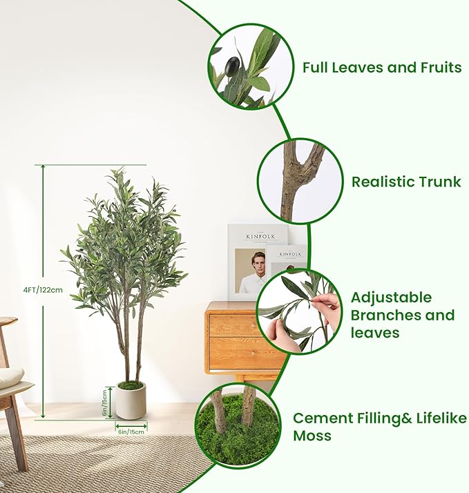 Alupssuc 4ft Olive Trees Artificial Indoor & Outdoor, Faux Olive Tree with Lively Artificial Trunk and Lifelike Fruits, Fake Potted Tree for Modern Home Office Living Room Decor