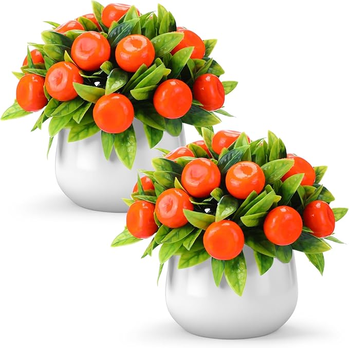 Suncalla 2 Pack Artificial Orange Potted Plants 7.09 Inches Fake Orange Tree Simulation Realistic Fruit Plant with Pot Faux Tree Indoor Decoration for Home Office Living Room Table Desk