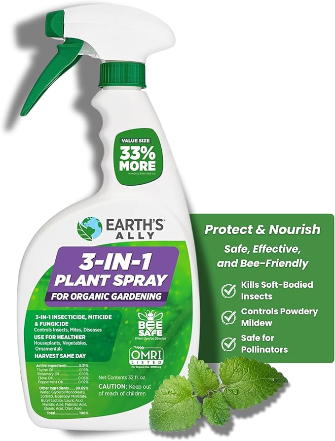 Earth's Ally 3-in-1 Insecticide, Miticide, Fungicide for Plants - Copper Fungicide Spray Alternative - Insect Repellent & Pest Control for Indoor Outdoor Organic Gardening - 32 Oz RTU