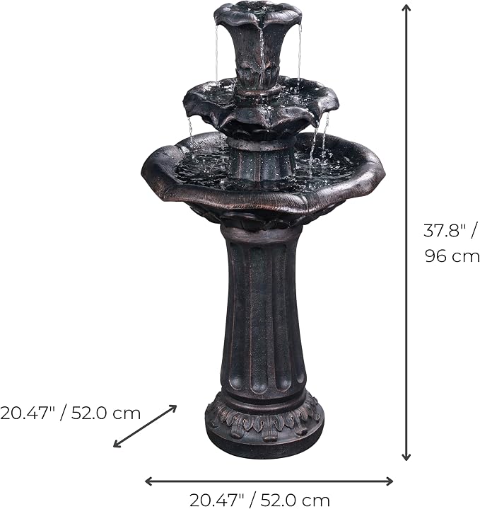 Teamson Home Lily Flower Floor Pedestal 3 Tiered Floor Waterfall Fountain with Pump for Outdoor Patio Garden Backyard Decking, 38 Inch Height, Dark Gray