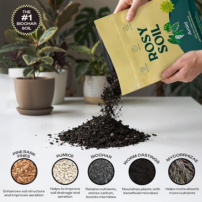 Rosy Soil Aroid Soil Potting Mix - Peat-Free, Microbially Active Biochar Powered Soil for Aroids - Superior Aeration & Drainage for Aroid Plants - Ideal for Indoor Gardening - 4 Quarts