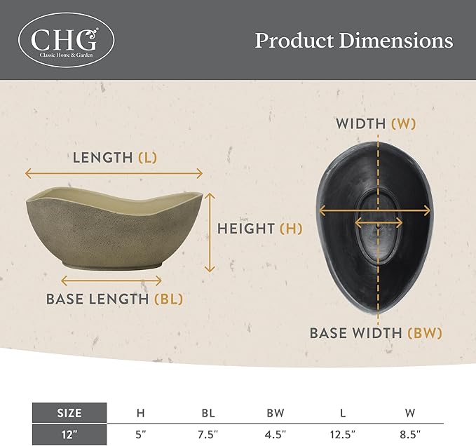 Classic Home and Garden Arc Unique Planter Bowl w/Drain Plug - UV Resistant Shallow Planter - Modern Plant Pot for Herbs (12” Concrete)