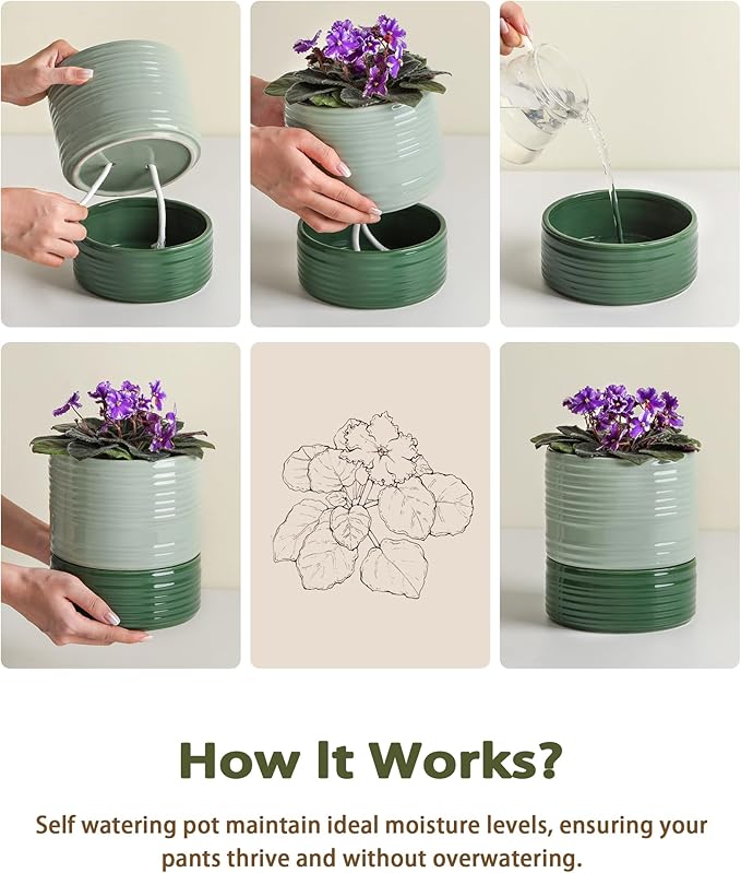 Fayoula Self Watering Pots for Indoor Plants, 6 Inch Ceramic Self Watering Plant Pot, Planter Pot with Wick Rope and Drainage Hole for African Violet Succulent Herbs (Green Light)