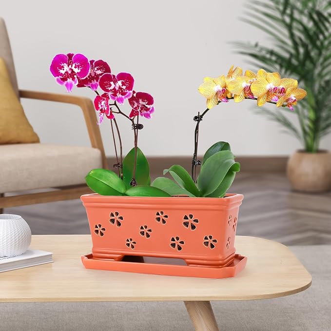 Rectangle Ceramic Orchid Pot 10In Orchid Pots with Holes for Premium Ceramic Orchid Planter for Indoor and Outdoor Use Drainage & Air Circulation Red Orchid Planter for Repotting or New Plants