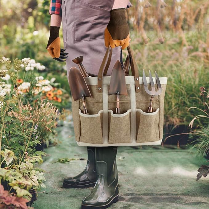 1 Gallon Galvanized Steel Watering Can with 3 Pcs of Garden Tools, 1 Pc of Pruning Shear, 1 Pair of Gardening Gloves，1 Pc of Garden Tools Organizer Tote