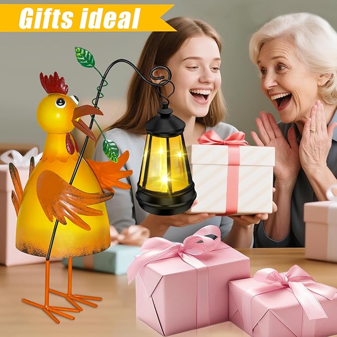 Solar Garden Decor Outdoor Statue, Metal Chicken with Solar Lantern for Outdoor, Yard, Patio Decor, Unique Birthday Gifts for Women Mom Grandma Cute Housewarming Gifts
