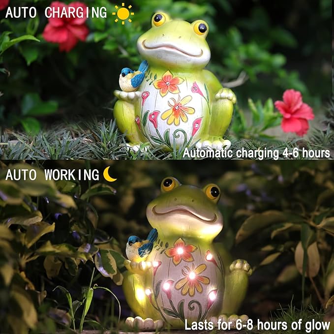 IVCOOLE Outdoor Frog Sculptures,Solar Resin Garden Outdoor Statues,Mother's Day Frog Gifts Sculptures Decorations for Home Patio,Yard,Lawn, Porch, Ornament