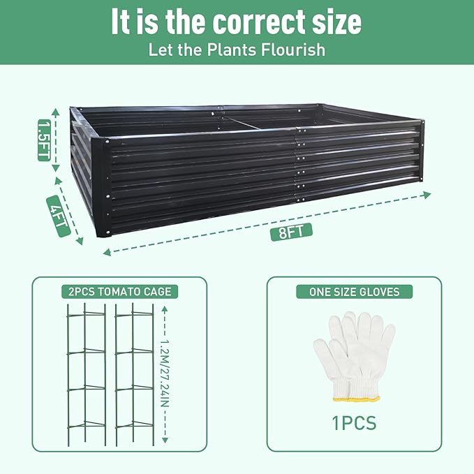 Metal Raised Garden Bed 8x4x1.5Ft Tall Outdoor Large Metal Galvanized Planter Boxes Kit for Vegetables, Flowers and Herbs,Garden Beds with 2Pcs Tomato Cage 1Pc Gloves,Black