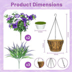 Artificial Flowers Hanging Baskets for Outdoors, 5PCS UV Resistant Faux Outdoor Plants, Fake Petunias Silk Flowers for Garden Balcony Yard Porch Decor (White Green Purple)