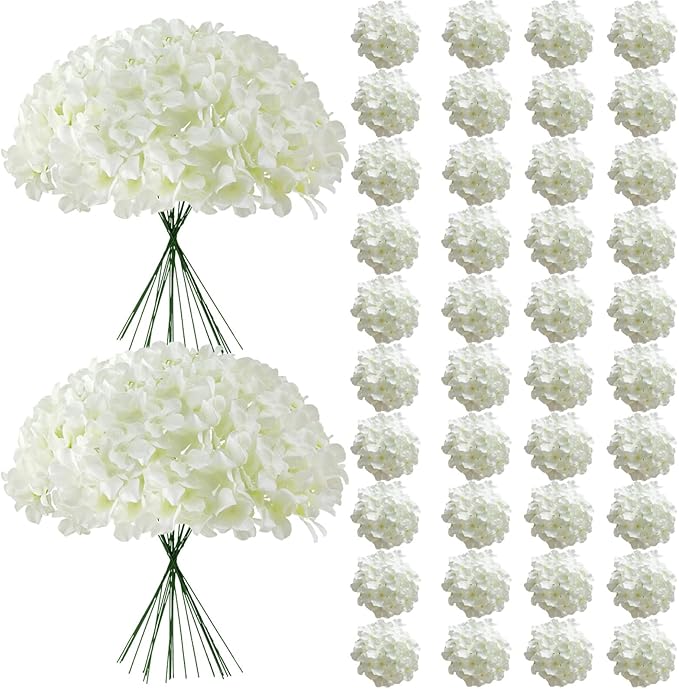 65Pcs White Hydrangea Artificial Flowers Bulk，Realistic Silk Fake Flowers with Stems，Faux Hydrangea Flowers for Wedding Home Decor Centerpieces Living Room Garden Party Baby Shower Decoration