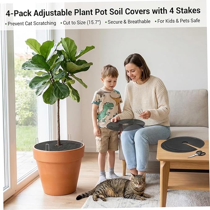 Plant Pot Cover - 4Pcs Cat Proof Indoor Plant Protector with Mesh Grid & Stakes, 15.7 Inch Soil Protector to Deter Cats Animals